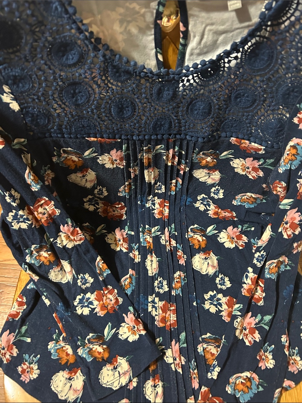 Daniel Rainn Navy Floral Lace-Yoke Pintuck Blouse - Picture 6 of 6